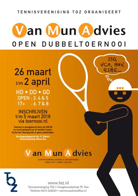 Van Mun Advies Open Dubbeltoernooi toernooi al doet vermoeden. In 2018 wordt het Van Mun Advies open dubbeltoernooi gehouden, als voorbereiding op de KNLTB-bondscompetitie.