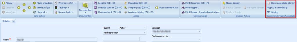 4 Procedure 4.1 starten In het relatiefiche staat er rechts bovenaan de functie Cliënt acceptatie starten.