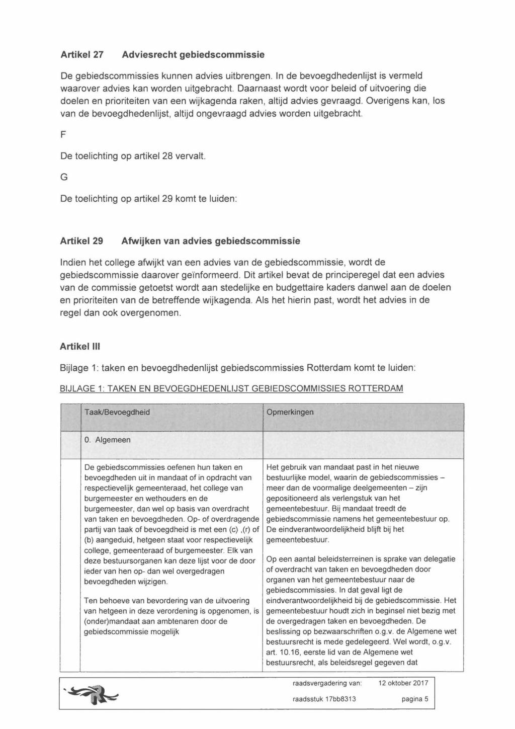 Artikel 27 Adviesrecht gebiedscommissie De gebiedscommissies kunnen advies uitbrengen. In de bevoegdhedenlijst is vermeld waarover advies kan worden uitgebracht.