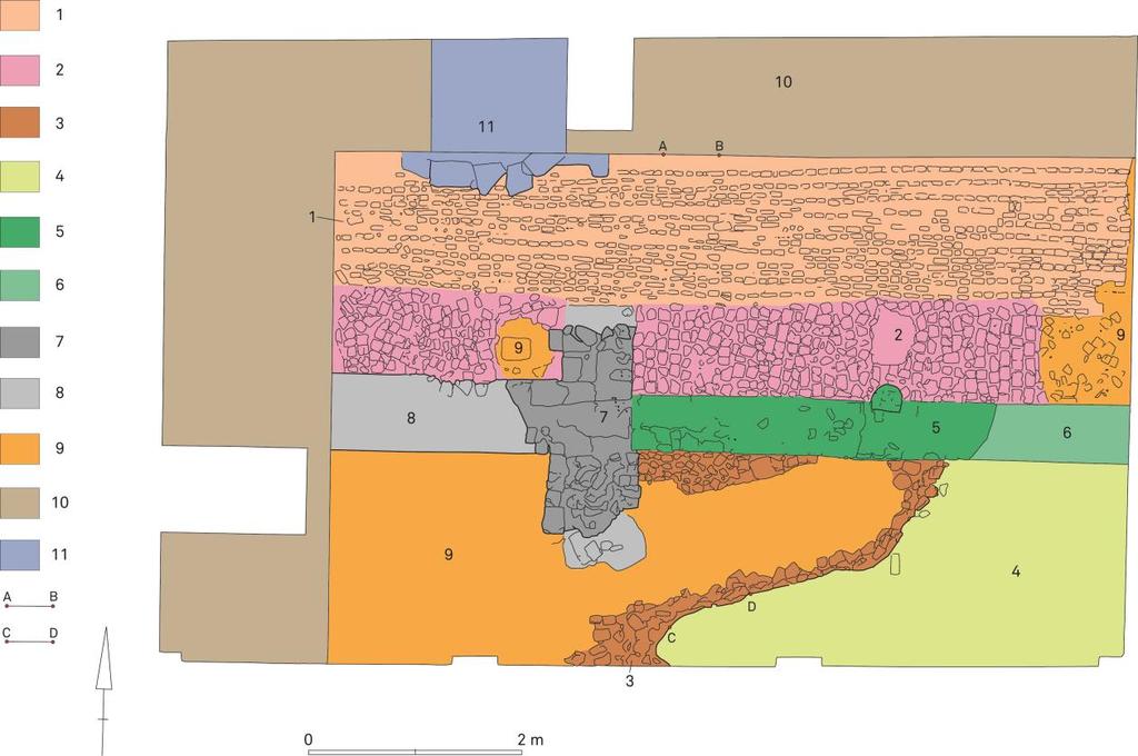 mergelblokken; 4: grijsgroene zandige laag; 5: muur(fundering); 6: uitbraakspoor van 5; 7: muur