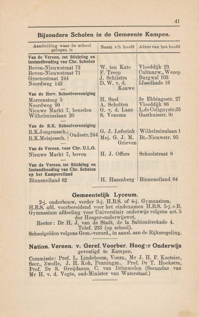 41 Bijzondere Scholen in de Gemeente Kampen. Aanduidingl waar. de school I Naam v/h hoofdl Adres van het hoofd ge egell IS Van de Vereen. tot Stichting en I Instandhouding van Chr.
