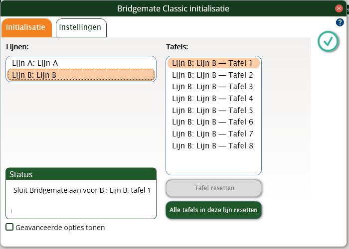 156 Hoofdstuk 8: De Bridgemate zichtbaar (het versienummer en landcode kunnen afwijkend zijn). De melding"initialisatie" houdt in dat de Bridgemate klaar is om gegevens te ontvangen van de computer.