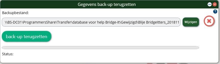 Bridge-It en bestanden 33 Backup terugzetten Om de back-up terug te plaatsen doet u het volgende: 1. Klik op het applicatiemenu door middel van dit icoon: druk daarna Back-up terugzetten.