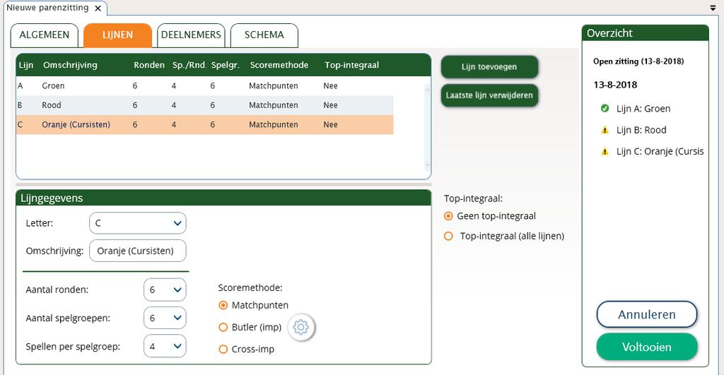 38 Hoofdstuk 2: Een open zitting aanmaken Tabblad Lijnen In deze tweede stap geeft u het aantal lijnen op, voorziet ze eventueel van een extra omschrijving en stelt het aantal ronden, spelgroepen en