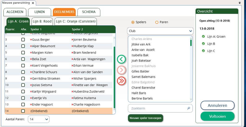 Tabblad Deelnemers 41 Tabblad Deelnemers Op het tabblad Deelnemers kunt u de paren inschrijven in de lijnen.