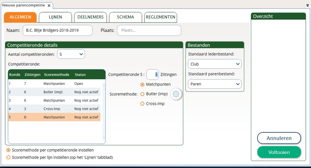 50 Hoofdstuk 3: Een nieuwe parencompetitie opzetten Tabblad Algemeen Nadat u op de knop voor nieuwe paren competitie heeft gekozen ziet u het volgende scherm: Als eerste geeft u een naam aan uw