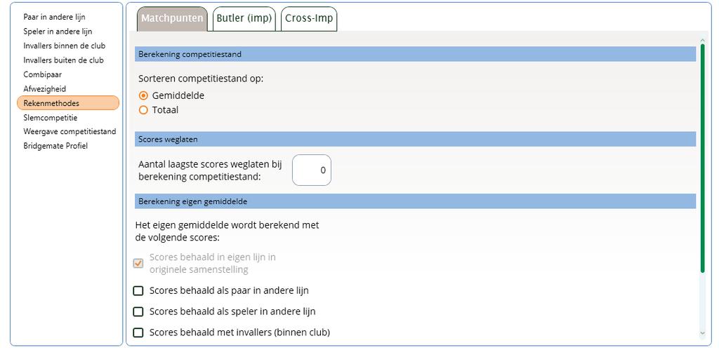 Tabblad Reglementen 63 Rekenmethodes Hierbij kunt u aangeven hoe het eigen gemiddelde bepaald moet worden en of er scores moeten worden weggelaten bij de berekening van de eindstand in de competitie.