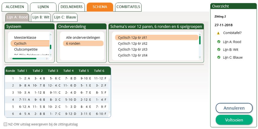 Hoofdstuk 4: Een competitiezitting aanmaken 80 Tabblad Schema In de laatste stap wordt het precieze schema bepaald voor elke lijn. Dit doet u met behulp van het volgende scherm.