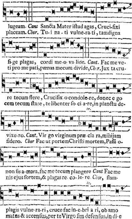 28 lugeam. Cant Sancta Mater istud agas, Cruci-fixi fi-ge plagas, cordi me-o-va-lide. Cant. Fac me vere tecum flere, Crucifix o condole-re, donec e go vixe-ro. Cant. Vir go virginum prae-cla ra, mihijam non sis a-mara, fac me tecum plangere Cant.