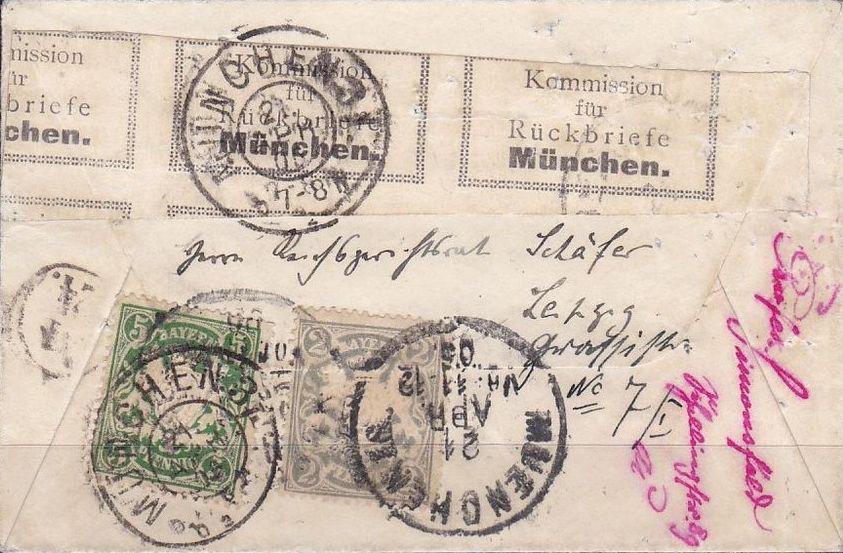 Hier een brief die met Retourmarken terug gesloten werd : Deze zegels worden in de catalogus Michel Deutschland Spezial 1 zeer kort vermeld bij Altdeutschland Bayern.