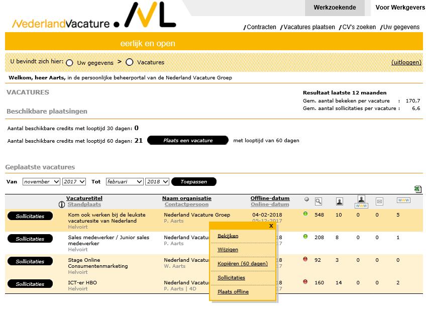 Ga nu via het menu rechtsboven naar Vacatures plaatsen -> Overzicht: o o Plaats een nieuwe vacature, Of wijzig een