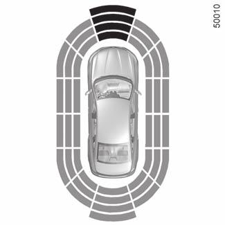 Als alle zones een grijze achtergrond hebben, wordt de volledige omtrek van de auto bewaakt: A: de omgeving rond de auto wordt geanalyseerd; B: de omgeving rond de auto is geanalyseerd.