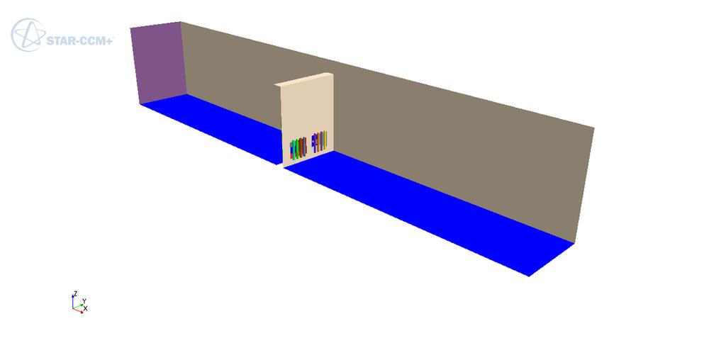 Figuur 2 3D representatie van het rekendomein met inlaatvlak in paars en de bodem in blauw Het bovenstroomse inlaatvlak van het domein is 4m stroomopwaarts van de