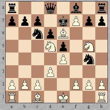8. - Kd7 9. Dxg4+! - Pxg4 10. L@e6+ (wit zet de zojuist geslagen loper in op e6, weer met schaak) 10. - Ke7 11. Pd5 mat! (een fraai mat, zie diagram 2) Diagram 2: slotstelling na 11.