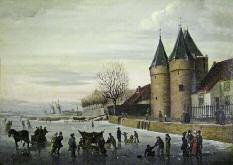 F.J. Buijtendijk (1818-1892) schilderde een ijsgezicht rond de Koornmarktspoort. Buijtendijk was geboren en getogen in Kampen en als tekenleraar verbonden aan de plaatselijke tekenschool.