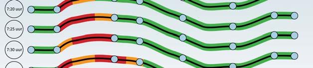 oosten van knooppunt Zaarderheiken. Onderaan de horizontale as de kilometrering, bovenaan de aansluitingen. De verticale as geeft de tijd aan. Een dag, 24 uur, is van beneden naar boven weergegeven.