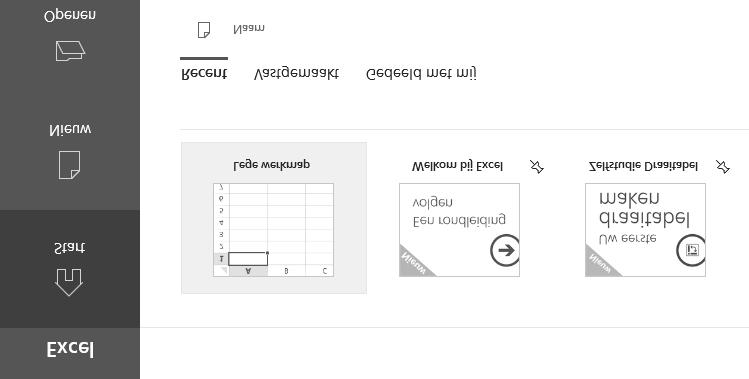 Handboek Excel 2019 1 Klik op Lege werkmap boveninhetstartscherm. Sneltoets: of druk op de Esc-toets. Er verschijnt een nieuw, leeg bestand in beeld.