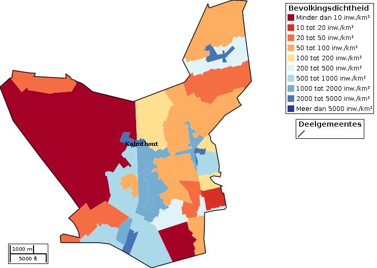 Kaartvisualisatie inwoners per statistische sector (wijk) voor Bron: FOD