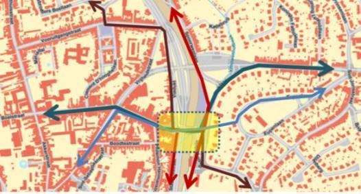 Bijlage : voorbeelden van ontwerpend onderzoek 1-- Een analyse van de routemogelijkheden tussen stad en station. De onderdoorgang kan een volwaardige schakel vormen voor stappers en trappers.