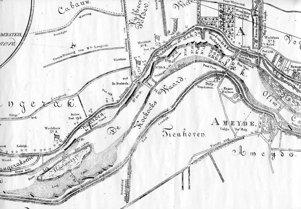 Figuur 7-. Links : De Lek bij Tienhoven in het begin van de 19de eeuw, bij extreem laag water. Bron: Von Derfelden von Hinders tein 184 (uit Kerkhof 009).