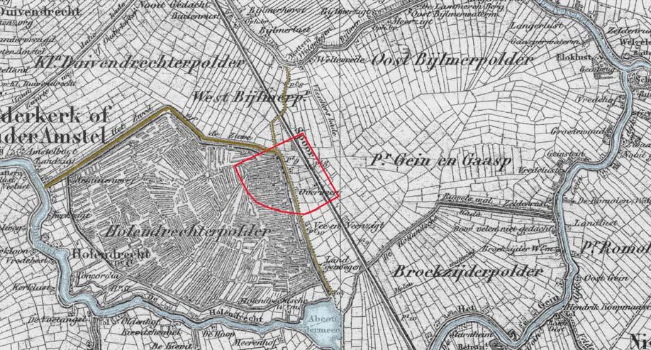 3.2 Historisch-topografische inventarisatie 3.2.1 Ontginning en infrastructuur Het AMC-terrein ligt in de voormalige Oost Bijlmerpolder en in de voormalige Holendrechter Polder, een oud poldergebied aan de oostkant van de Amstel.