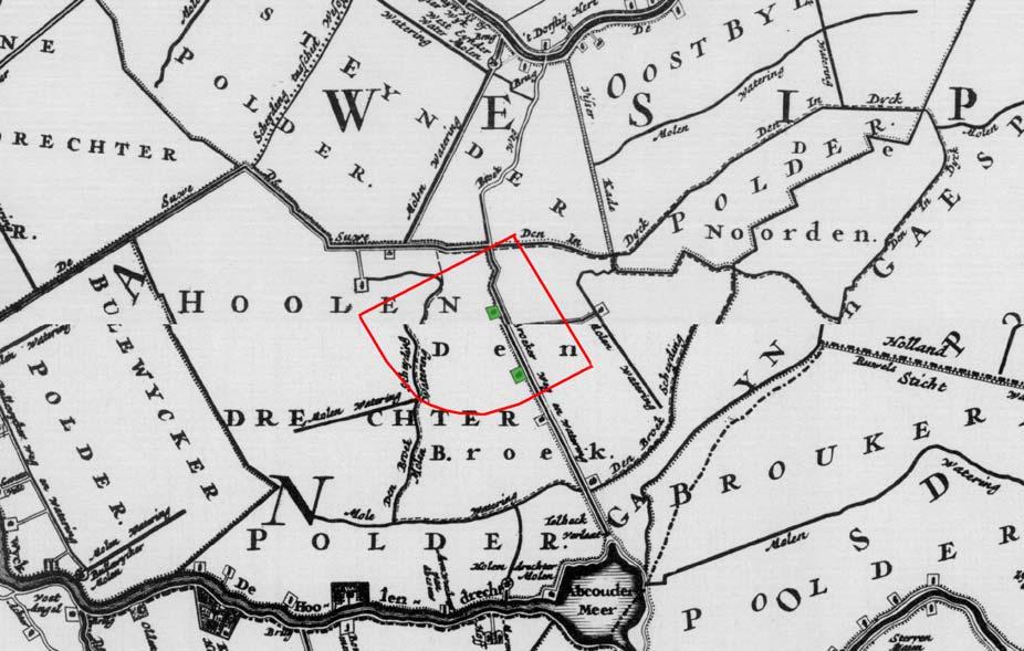 4 Historische kaart van Nicolaes Visscher uit ca 1700. Binnen het plangebeid (rode lijn) liggen langs de Broekerweg twee boerderijen (groen).