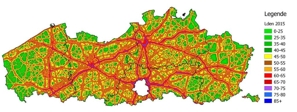 Figuur 3. L den geluidskaart voor wegverkeersgeluid in Vlaanderen 2015 (Dekoninck and Botteldooren, 2016). 4.