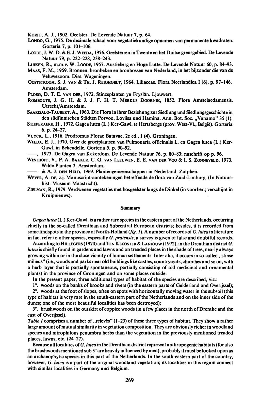 KORFF, A. J., 190. Geelster. De Levende Natuur 7, p. 64. LONDO, G., 1975. De decimale schaal voor vegetatiekundigeopnamen van permanente kwadraten. Gorteria 7, 101106. p. LOODE, J. W. D. & E. J. WEEDA, 1976.