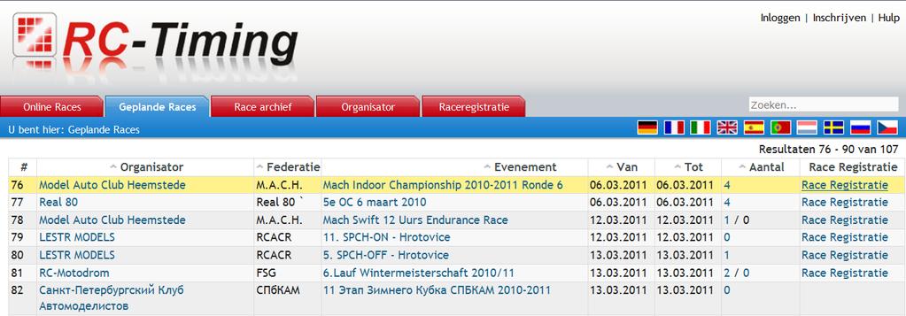 Een lijst van alle evenementen, die de raceregistratie op MyRCM aanbieden, worden getoond.