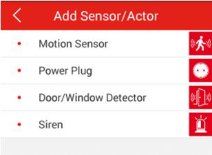 op het teken + rechtsboven in de hoek om een sensor of actor toe te voegen. 1 Selecteer a.u.b. het type van uw sensor of actor om toe te voegen.