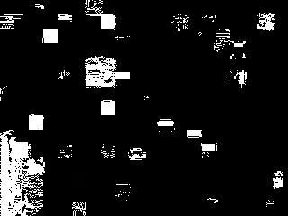 Dit beeld is het resultaat door beeld 4 van beeld 3 af te trekken en alle niet-nul punten aan te duiden in het wit. Figuur 48: Ruis bij IndoorGTTest_2 met QP gelijk aan 32.