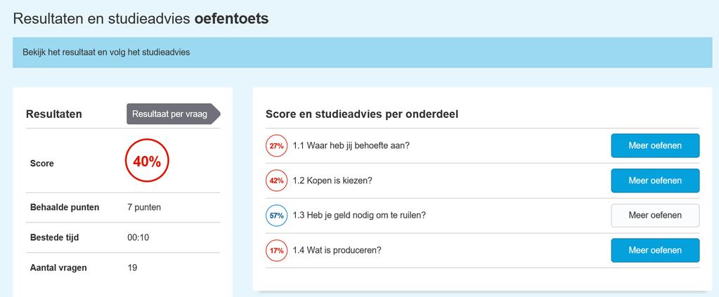 Ja, de resultaten op de oefentoets zijn zowel voor leerlingen als voor u als docent zichtbaar in de resultatenpagina's. Kunt u als docent per leerling de antwoorden op de oefentoets bekijken?