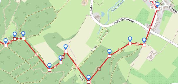 2. Holset-Hijgend Hert Zie trajectkaart: Ga in Holset RA met de bocht mee, u komt uit bij de weg Vaals-Vijlen. Steek deze over en ga RD op het zandpad. Een stijl klimmetje.