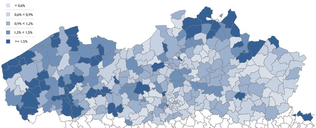 Vlaanderen wel koploper wat leerlingenaantallen betreft. We zien ook op de kaart dat er geen scholen zijn met voltijdse horeca-opleidingen in Oost- en Noord-Limburg.