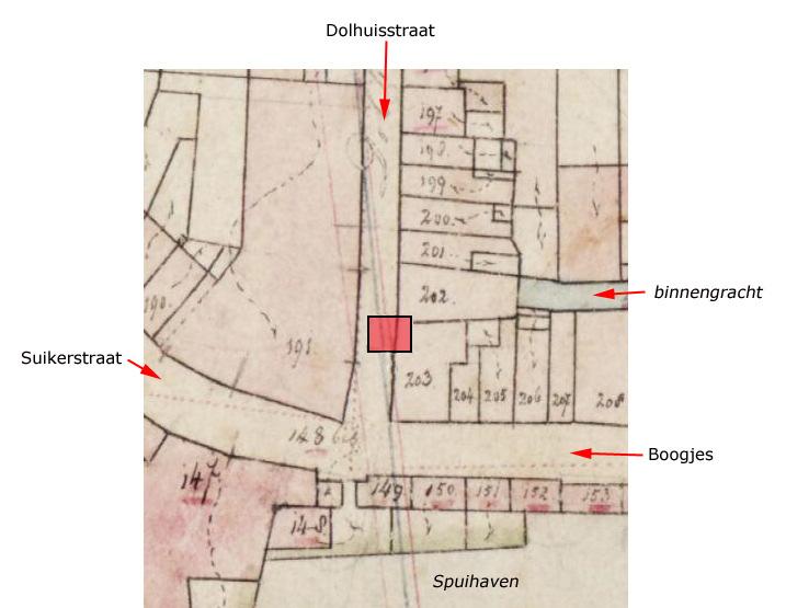 Hoek Dolhuisstraat-Boogjes, Dordrecht Ondergronds 74 Afb. 4. Het plangebied weergegeven op de kadastrale minuut van 1832.