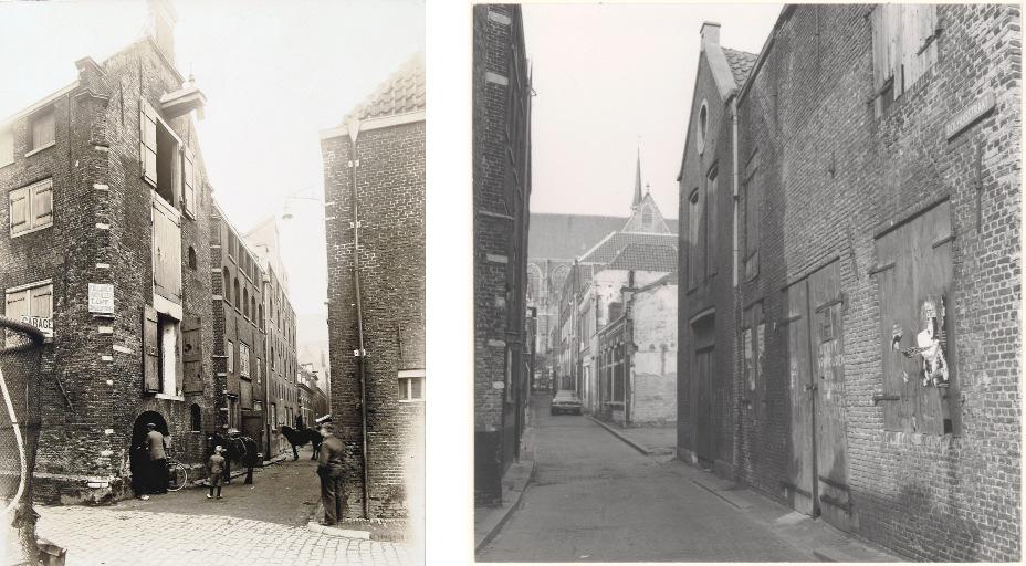 Afb. 5. De locatie van het plangebied in 1935 en 1979; de hoek Dolhuis Boogjes. Links: de situatie in 1935 met links het dolhuis/blauwselfabriek/garage en rechts de stal (RAD inventarisnr. 555_14430).