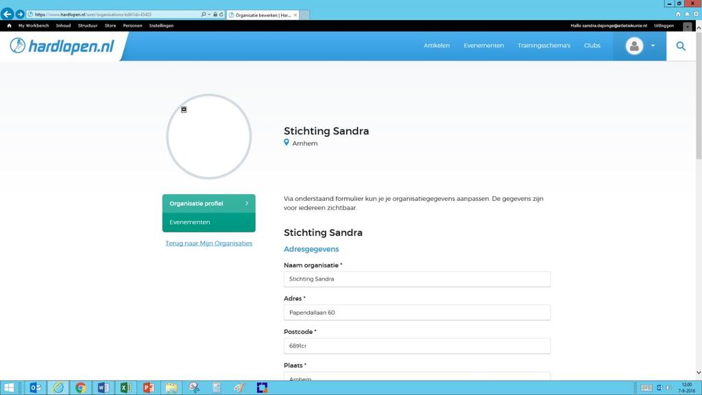 Je klikt op de naam van je organisatie (in dit voorbeeld klik je op Stichting Sandra). En je ziet de gegevens van je organisatie/vereniging staan.