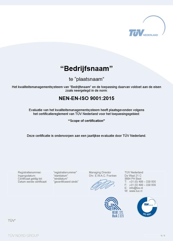 6.2 De informatie op het certificaat 1 2 3 4 5 6 7 Figuur 1 Voorbeeld van certificaat TÜV Nederland vermeldt de volgende gegevens op het certificaat: 1.