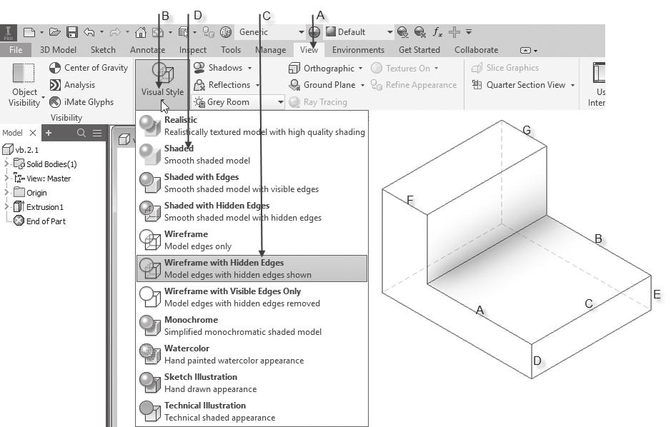 2.1 user Interface en de features extrude, fillet en chamfer 13 Het profiel extruderen Klik 3D Model (figuur 2.7, A). De bij 3D Model horende commando's verschijnen. (Als de ribbon van figuur 2.