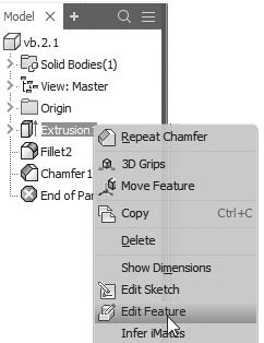 2.1 user Interface en de features extrude, fillet en chamfer 15 Het part wijzigen via de browser In de browser staat hoe het part achtereenvolgens is opgebouwd (figuur 2.12).