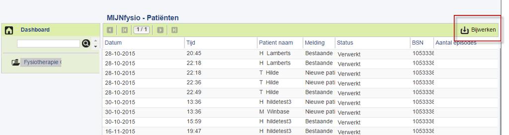 U kunt via de knop Bijwerken patiënten overzetten vanuit MIJNfysio (zie Figuur 4). In het scherm ziet u welke patiënten geïmporteerd worden en wat de status van de desbetreffende patiënt is.