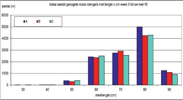 Figuur 4. Cumulatief gewicht van de geoogste rozen relatief t.o.v. vak A, gedurende de nulmeting. Figuur 5. Aantal geknipte rozenstelen tijdens de nulmeting (wk 3- wk 10).