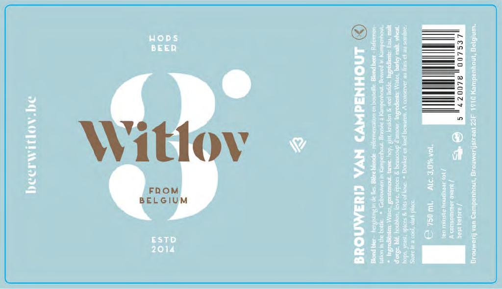 Witlov 3 Hops (33cl) 3% Brouwerij van Campenhout, Kampenhout Hoge gisting Nagisting op fles Ongefilterd Bierstijl IPA Schenkmethode Water, gerstemout, tarwe, gist, kruiden en viel leefde Blond
