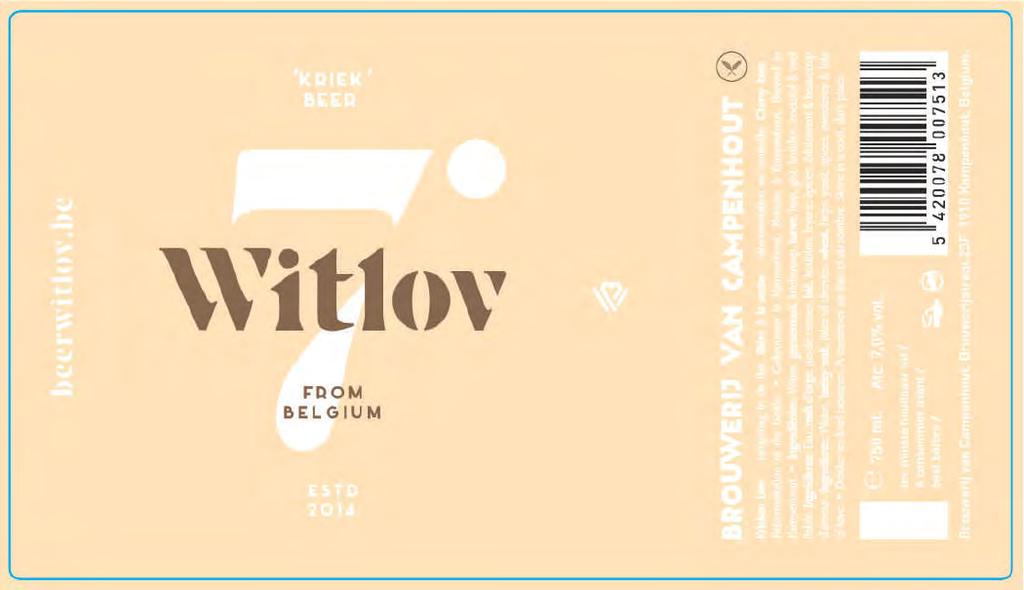 Witlov 7 Kriek (33cl) 7% Brouwerij van Campenhout, Kampenhout Fris, licht zurig met overduidelijk krieken Bierstijl Fruitbier Schenkmethode Er mag stevig doorgeschonken worden, om een schuimkraag te