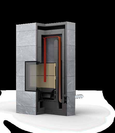 Door het tegenstroomprincipe wordt de warmte-energie effectief in de speksteenkachel opgeslagen.