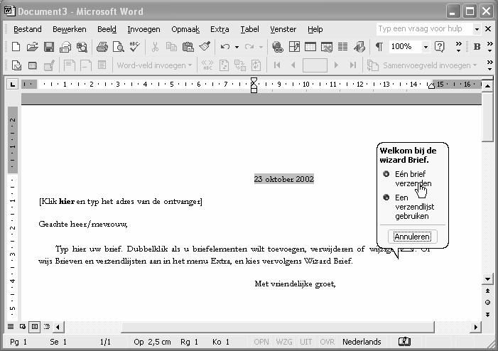10 Etiketten, enveloppen en mailmerge in Word 2002 U ziet enkele sjablonen en een aantal Wizards: De Wizards herkent u aan het toverstafje in het pictogram: U