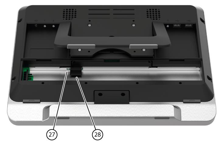 6. Haal de batterij (26) uit het toestel. 7. Plaats de simkaart (28) in de simkaartsleuf (27) van het toestel. 8.