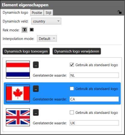 Zo kunt uw hetzelfde kaartontwerp gebruiken maar bijvoorbeeld per land een andere vlagafbeelding hebben. Dynamisch logo-element Fig. Voorbeeld van dynamisch logo-element eigenschappen. A.