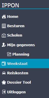 Hoofdmenu-items Weekstaat en Reiskosten: Voor jouw eigen administratie is het mogelijk om uit het systeem overzichten te genereren van jouw invaldagen.