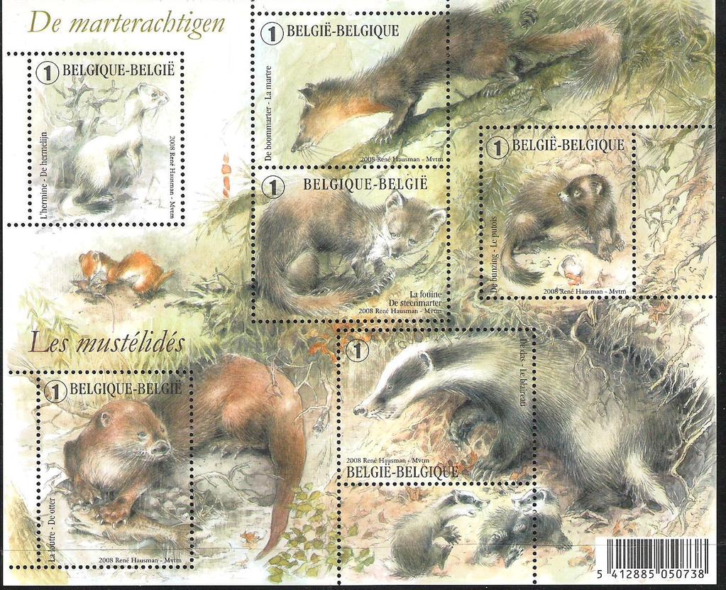 3831 / 3836 - Natuur: De marterachtingen: Blok 161 (1w= 0,54 elk) Uitgiftedatum: